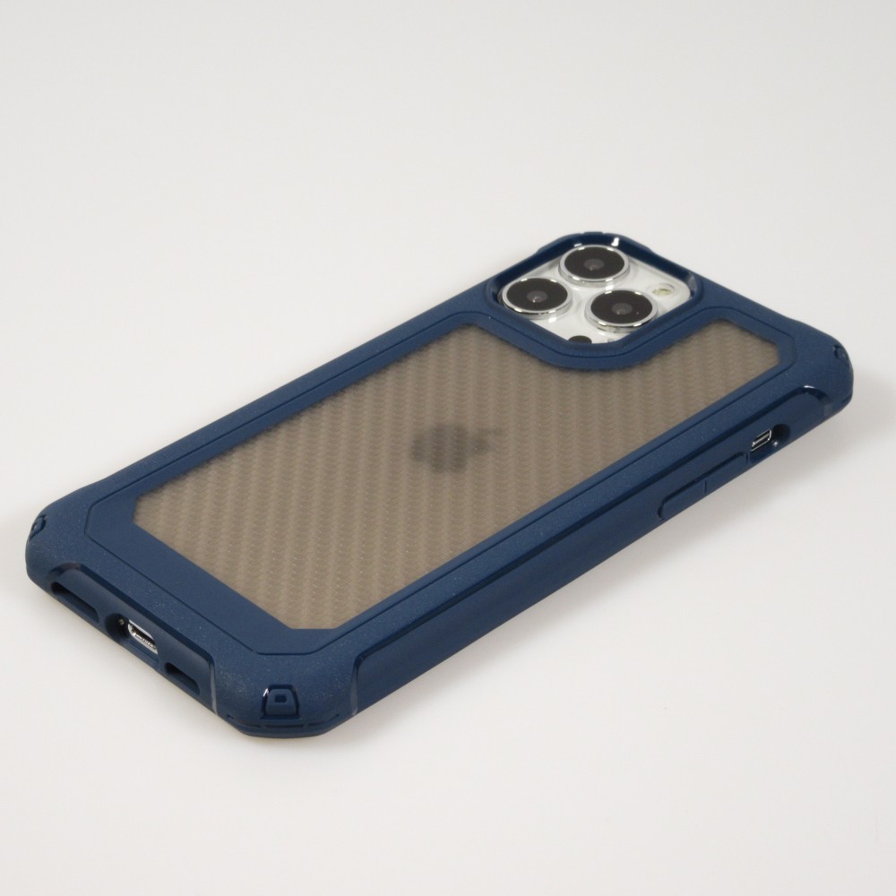 iPhone 14 Pro Max Case Hülle - Military Elite kompakt Cover mit semi-transparentem Carbon Rücken - Dunkelblau