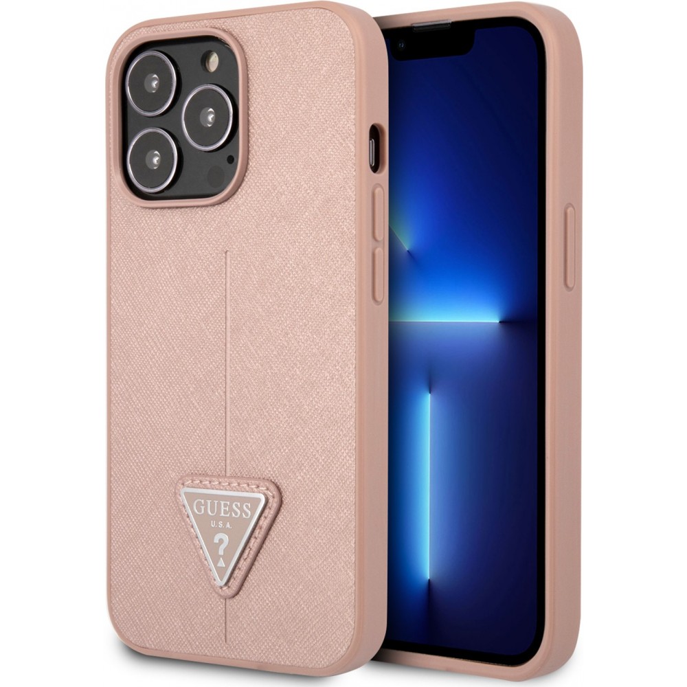 Coque iPhone 13 Pro - Guess en similicuir rose avec logo triangle en métal - Rose