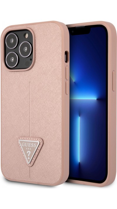 iPhone 13 Pro Max Case Hülle - Guess aus rosem Kunstleder mit Dreieckslogo aus Metall - Rosa