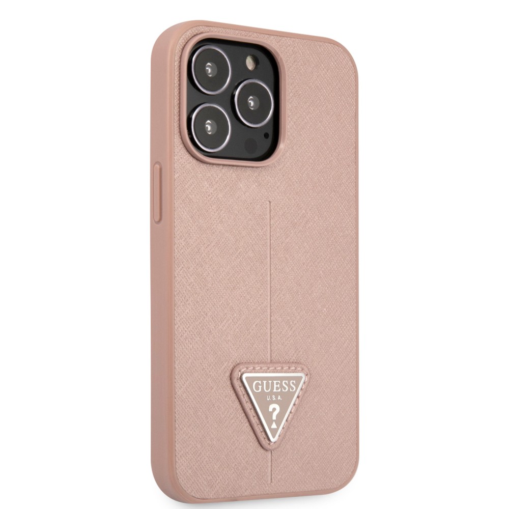 Coque iPhone 13 Pro - Guess en similicuir rose avec logo triangle en métal - Rose
