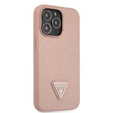 Coque iPhone 13 Pro - Guess en similicuir rose avec logo triangle en métal - Rose
