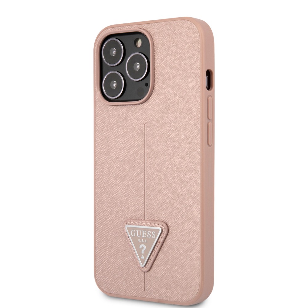 Coque iPhone 13 Pro - Guess en similicuir rose avec logo triangle en métal - Rose
