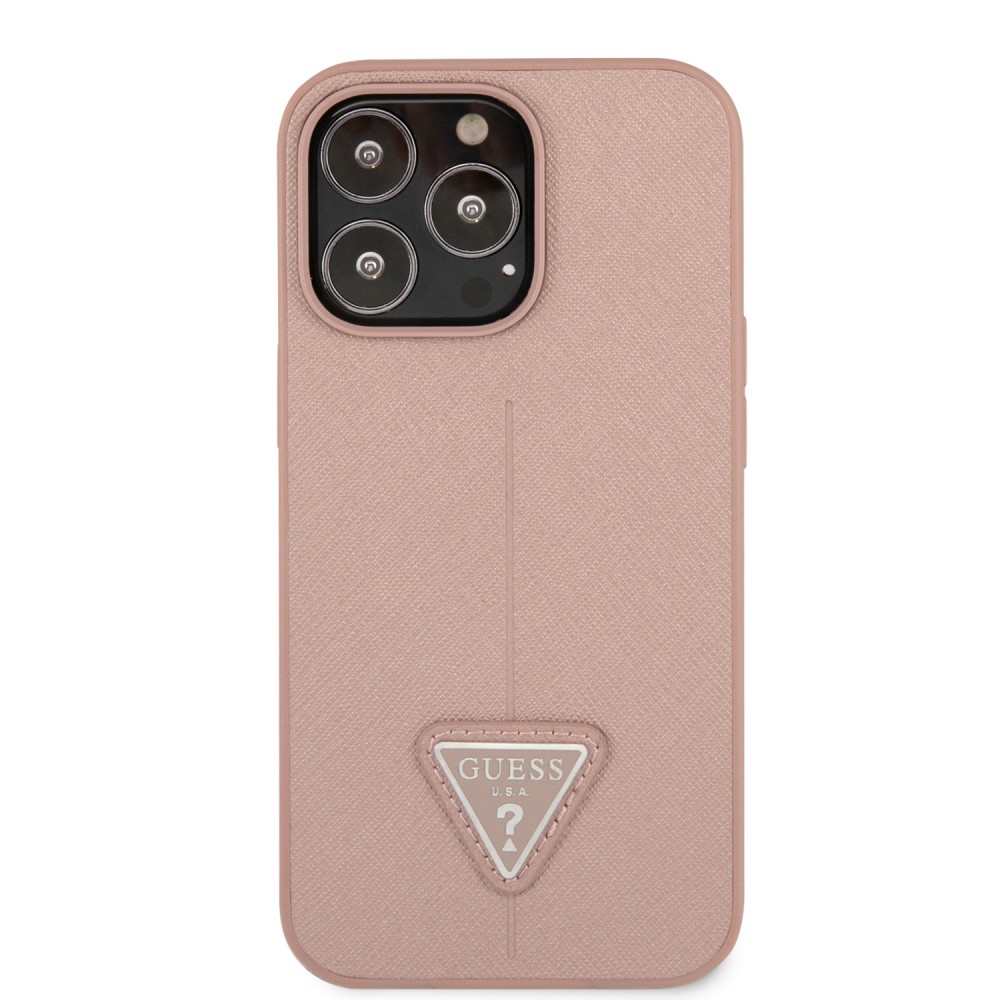 Coque iPhone 13 Pro - Guess en similicuir rose avec logo triangle en métal - Rose