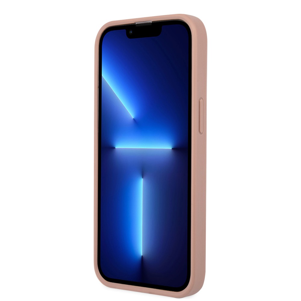 Coque iPhone 13 Pro - Guess en similicuir rose avec logo triangle en métal - Rose