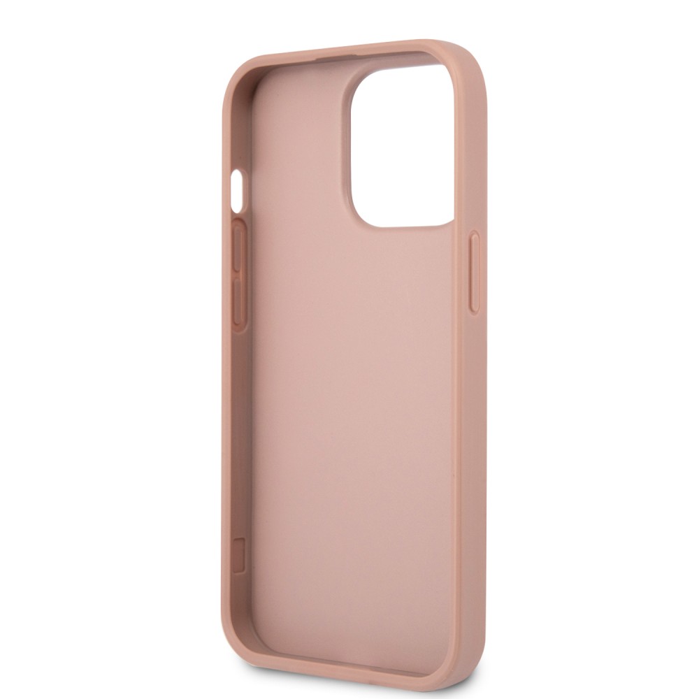 Coque iPhone 13 Pro - Guess en similicuir rose avec logo triangle en métal - Rose