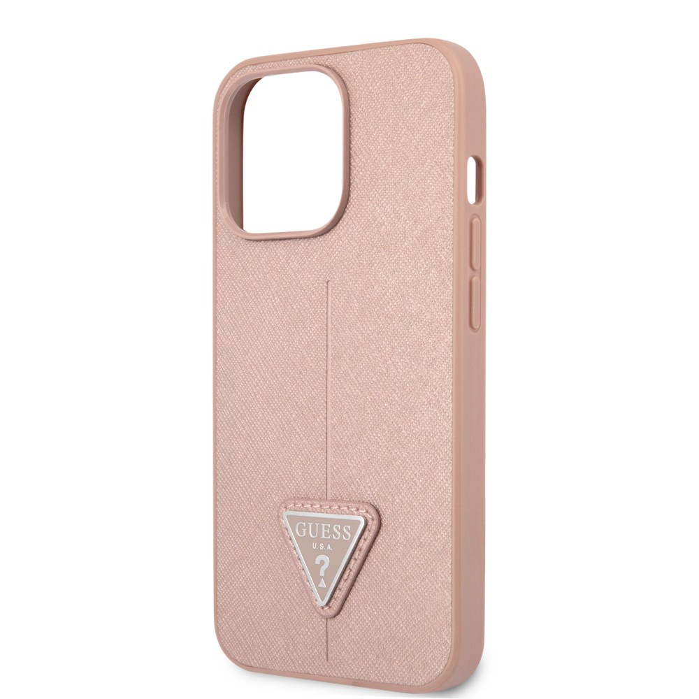 Coque iPhone 13 Pro - Guess en similicuir rose avec logo triangle en métal - Rose