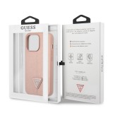 Coque iPhone 13 Pro - Guess en similicuir rose avec logo triangle en métal - Rose
