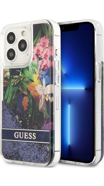 iPhone 13 Pro Case Hülle - Guess Flüssigkeit mit schwebenden blauen Pailletten und tropischen Blumen Hintergrund
