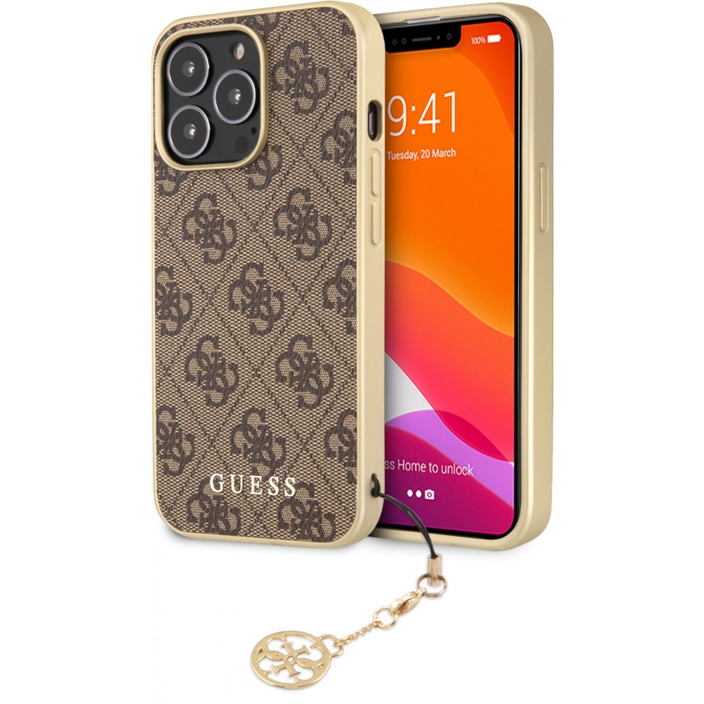 iPhone 12 Pro Max Case Hülle - Guess Leinwand Kunstleder Monogramm goldenen Metall-Logo mit Charm Anhänger - Braun / gold