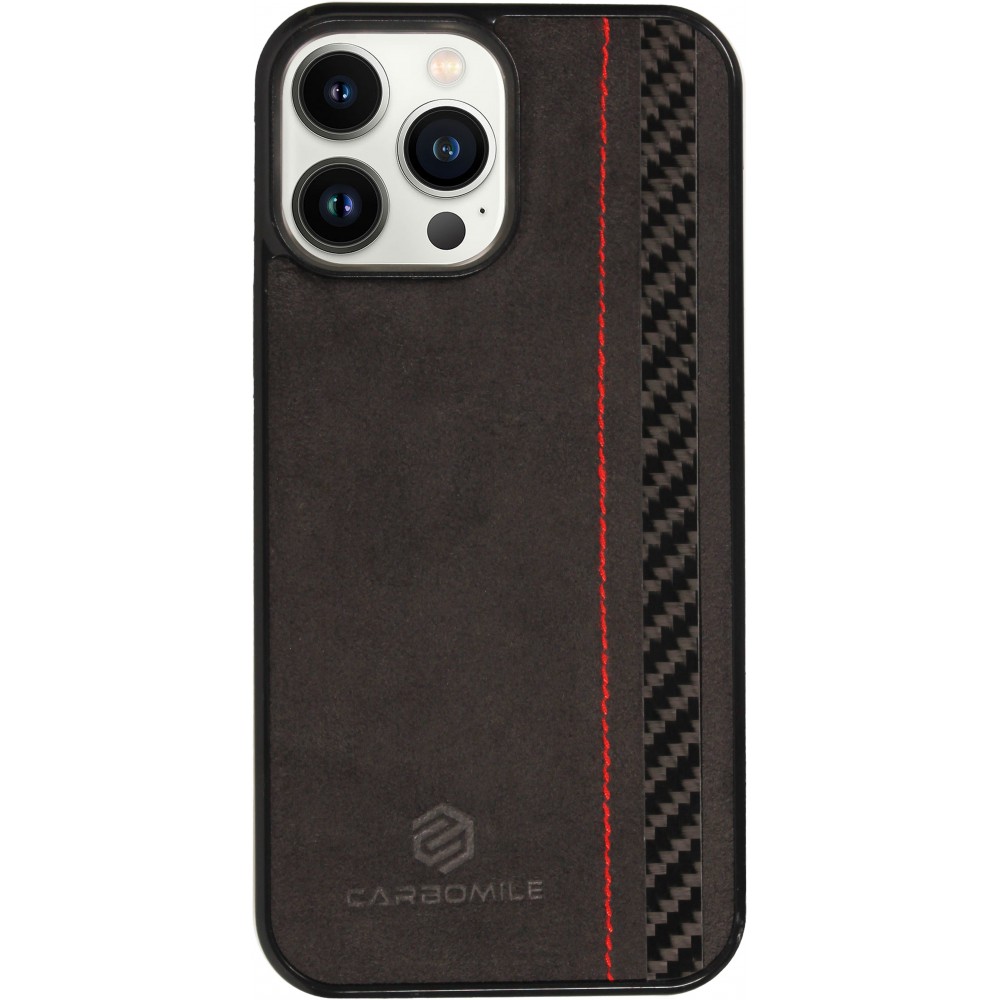 iPhone 14 Pro Max Case Hülle - Carbomile Alcantara und Carbon mit roten Nähten (MagSafe kompatibel)