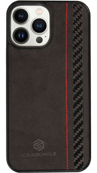 iPhone 14 Pro Max Case Hülle - Carbomile Alcantara und Carbon mit roten Nähten (MagSafe kompatibel)