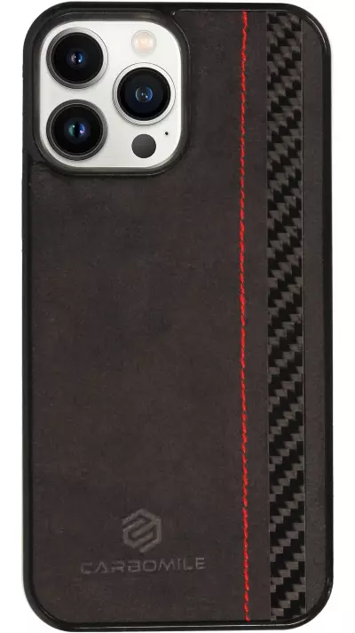 iPhone 14 Pro Case Hülle - Carbomile Alcantara und Carbon mit roten Nähten (MagSafe kompatibel)