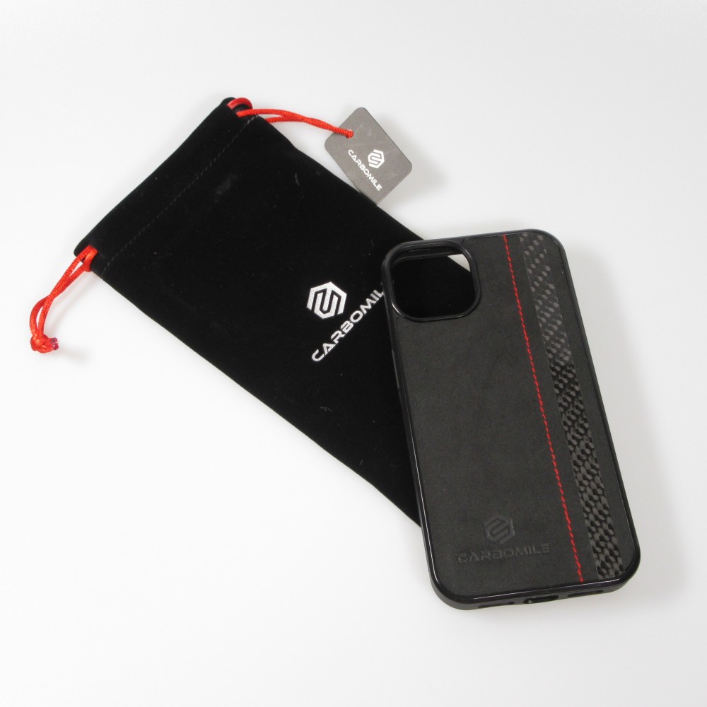 Samsung Galaxy S24 Ultra Case Hülle - Carbomile Alcantara und Carbon mit roten Nähten (MagSafe kompatibel)