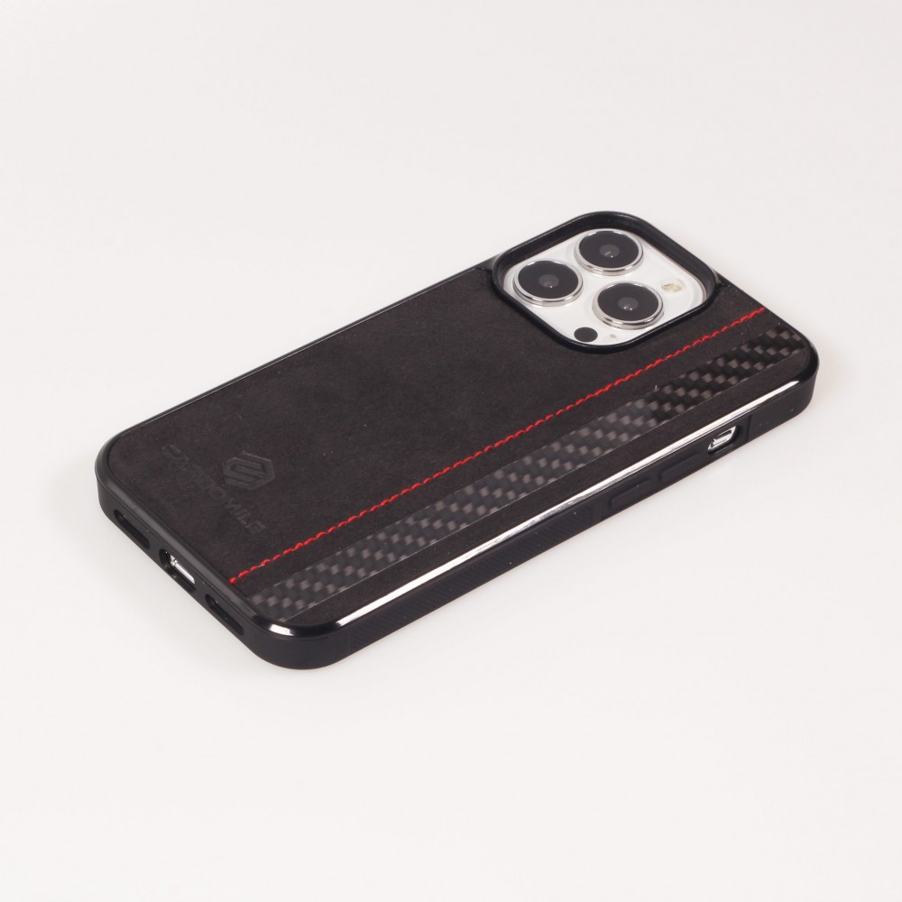 Samsung Galaxy S24 Ultra Case Hülle - Carbomile Alcantara und Carbon mit roten Nähten (MagSafe kompatibel)