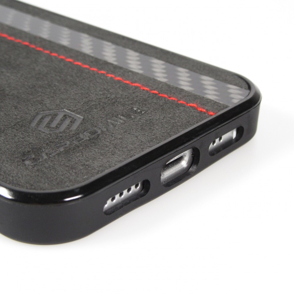 Samsung Galaxy S24 Ultra Case Hülle - Carbomile Alcantara und Carbon mit roten Nähten (MagSafe kompatibel)