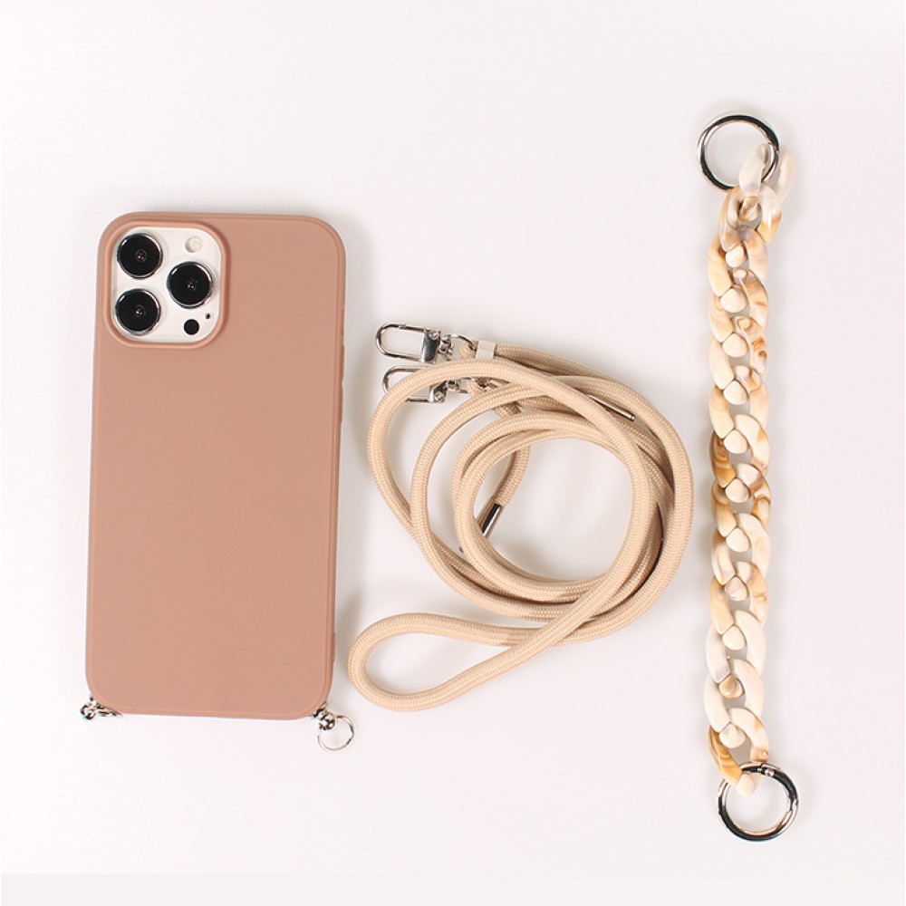 iPhone 13 Pro Max Case Hülle - Silikon Gel mit Umhänge Seil & Dekoration Stein Kette - Braun