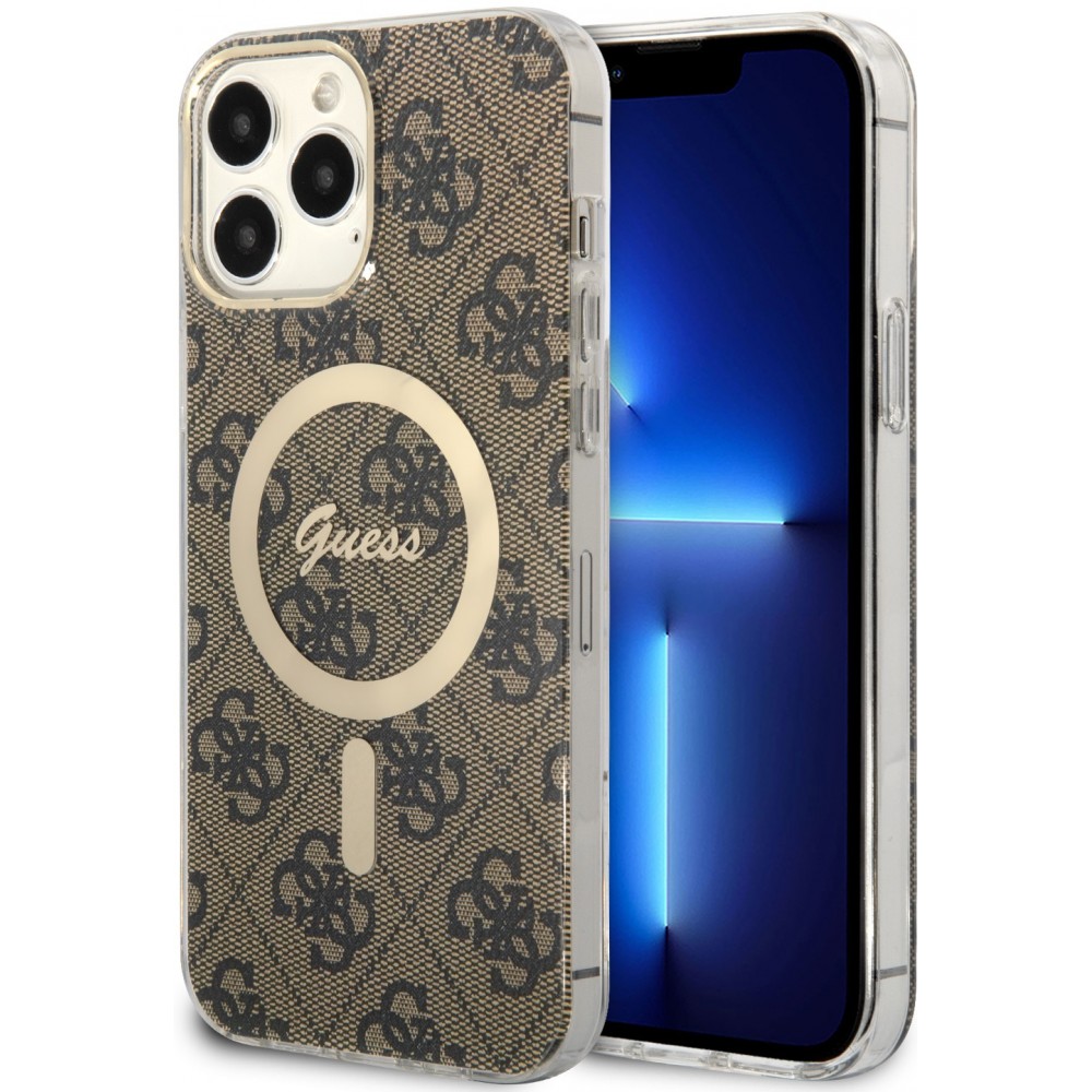 iPhone 15 Pro Max Case Hülle - Guess Monogramm lackiert mit goldenem MagSafe - Braun