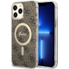 iPhone 15 Pro Max Case Hülle - Guess Monogramm lackiert mit goldenem MagSafe - Braun