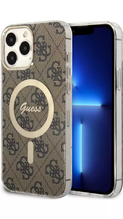 iPhone 15 Pro Max Case Hülle - Guess Monogramm lackiert mit goldenem MagSafe - Braun