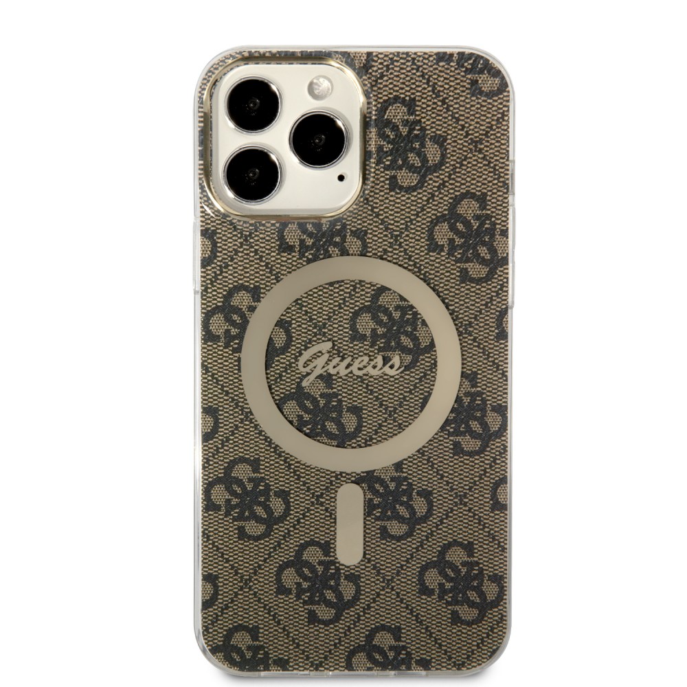 iPhone 15 Pro Max Case Hülle - Guess Monogramm lackiert mit goldenem MagSafe - Braun