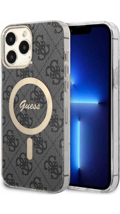 iPhone 15 Pro Max Case Hülle - Guess Monogramm lackiert mit goldenem MagSafe - Grau