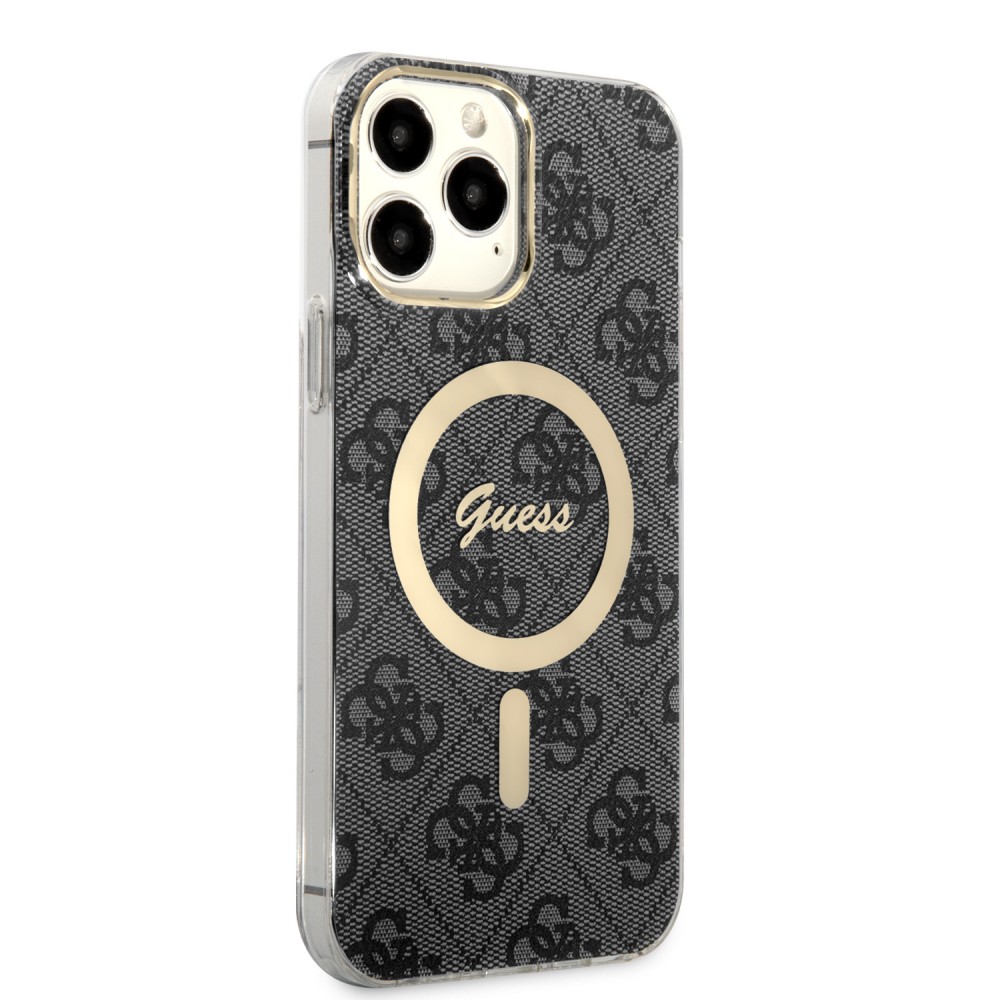 iPhone 13 Pro Max Case Hülle - Guess Monogramm lackiert mit goldenem MagSafe - Grau
