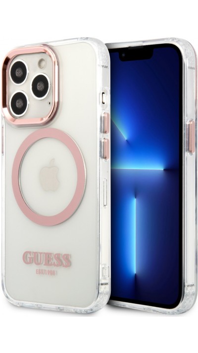 iPhone 14 Pro Case Hülle - Guess Hartschalen-Silikon mit MagSafe in Pink - Transparent