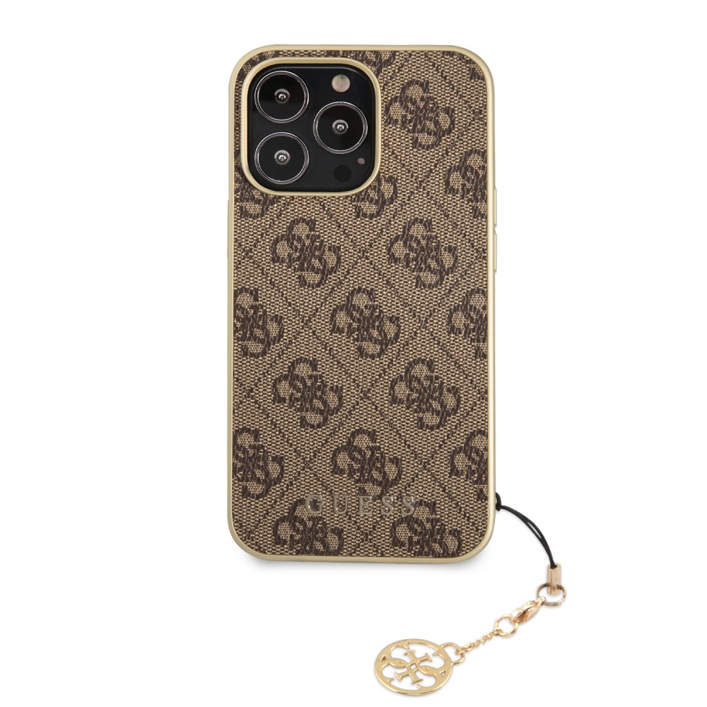 iPhone 13 Pro Max Case Hülle - Guess Leinwand Kunstleder Monogramm goldenen Metall-Logo mit Charm Anhänger - Braun / gold