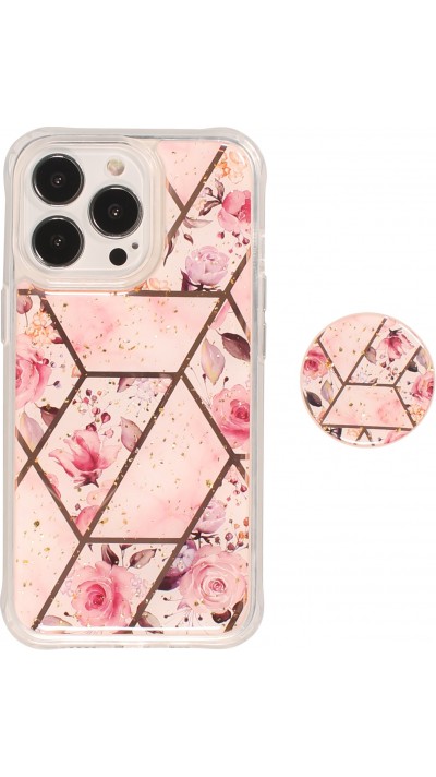 iPhone 13 Pro Case Hülle - Silikon Gel geometrische Streifen mit 3 stufigem Fingerhalter - Roses - Rosa