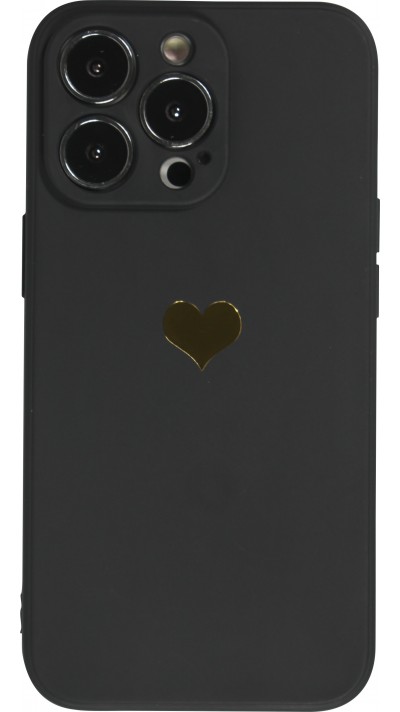 iPhone 13 Pro Case Hülle - Silikon Mat Herz gold - Schwarz