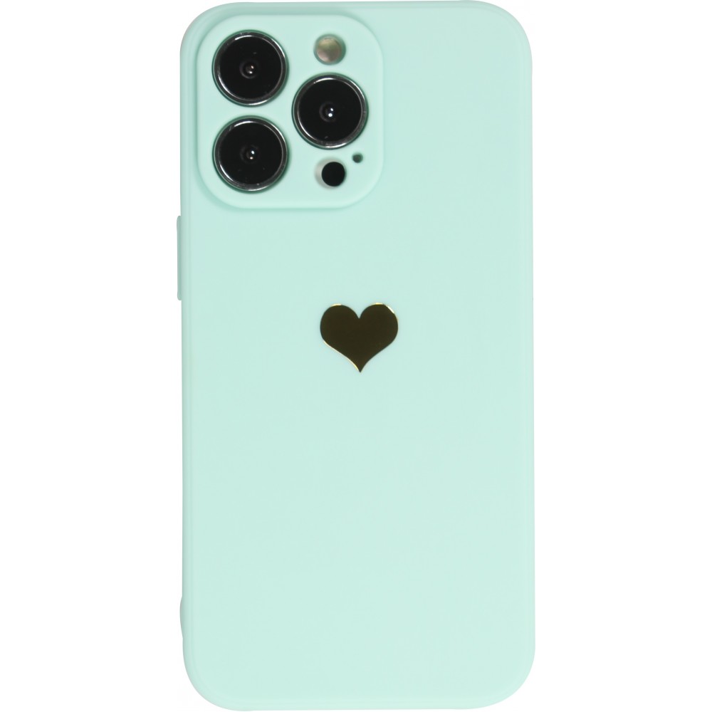 Coque iPhone 16 Pro Max - Silicone Mat Coeur doré - Turquoise