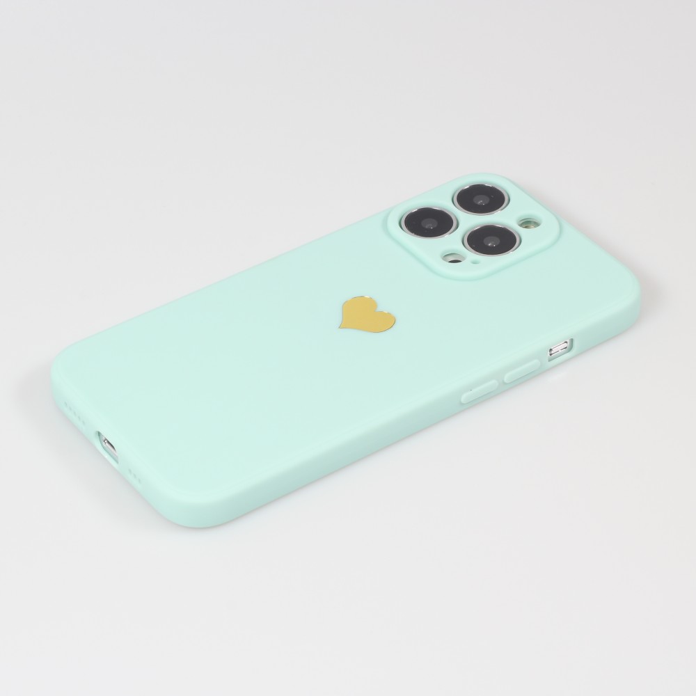 Coque iPhone 16 Pro Max - Silicone Mat Coeur doré - Turquoise