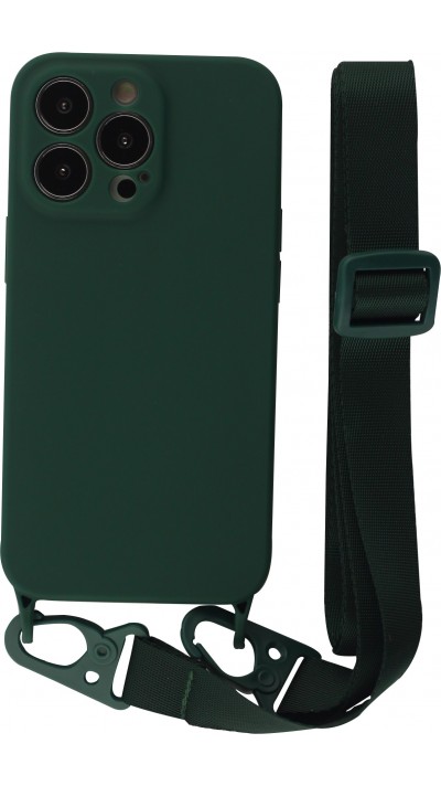 iPhone 13 Pro Case Hülle - Silikon mit Kordel und Haken - Dunkelgrün