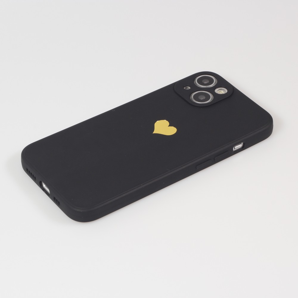 iPhone 15 Case Hülle - Silikon Mat Herz gold - Schwarz