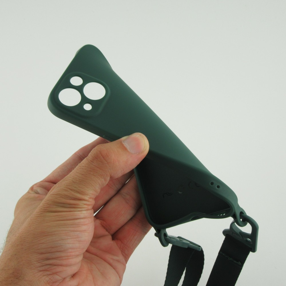 Hülle iPhone 13 mini - Silikon mit Kordel und Haken - Dunkelgrün