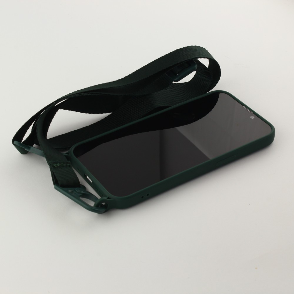 Hülle iPhone 13 mini - Silikon mit Kordel und Haken - Dunkelgrün
