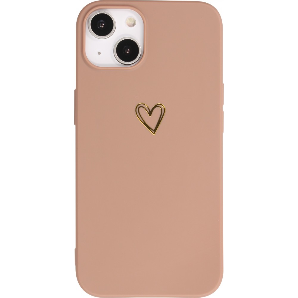 Coque iPhone 13 - Silicone mat dessin cœur doré - Brun