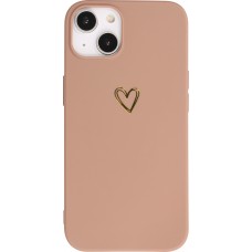 Coque iPhone 13 - Silicone mat dessin cœur doré - Brun
