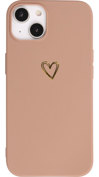 iPhone 15 Case Hülle - Silikon matt Herzdesign gold - Braun