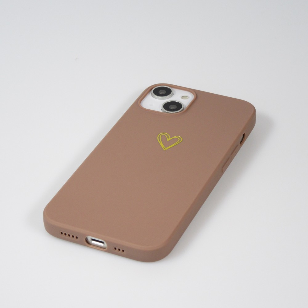 Coque iPhone 13 - Silicone mat dessin cœur doré - Brun