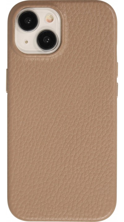 Coque iPhone 14 - Cuir de veau luxe grainé intégral avec boutons métalliques et MagSafe - Beige