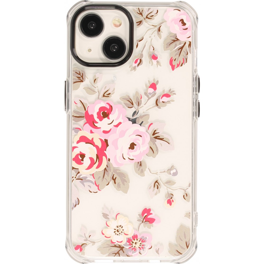 iPhone 14 Case Hülle - Straffes Gummi Silikon mit verstärkten Ecken blühende Rose - Transparent