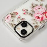 iPhone 14 Case Hülle - Straffes Gummi Silikon mit verstärkten Ecken blühende Rose - Transparent