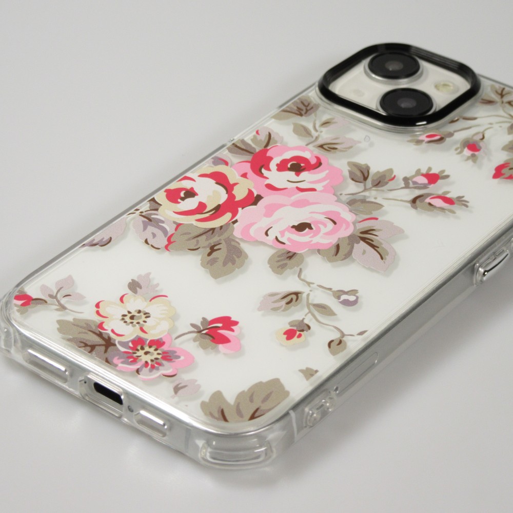 iPhone 14 Case Hülle - Straffes Gummi Silikon mit verstärkten Ecken blühende Rose - Transparent