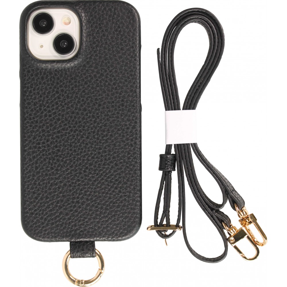 iPhone 14 Case H&uuml;lle - Premium Luxus Echtleder mit verstell- und abnehmbarem Lederriemen + MagSafe - Schwarz