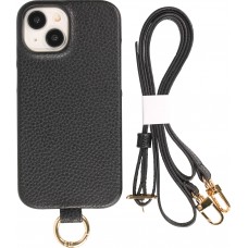 iPhone 14 Case H&uuml;lle - Premium Luxus Echtleder mit verstell- und abnehmbarem Lederriemen + MagSafe - Schwarz