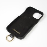 iPhone 14 Case H&uuml;lle - Premium Luxus Echtleder mit verstell- und abnehmbarem Lederriemen + MagSafe - Schwarz
