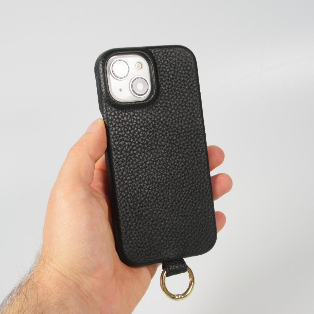 iPhone 14 Case H&uuml;lle - Premium Luxus Echtleder mit verstell- und abnehmbarem Lederriemen + MagSafe - Schwarz