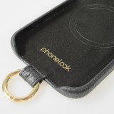 iPhone 14 Case H&uuml;lle - Premium Luxus Echtleder mit verstell- und abnehmbarem Lederriemen + MagSafe - Schwarz