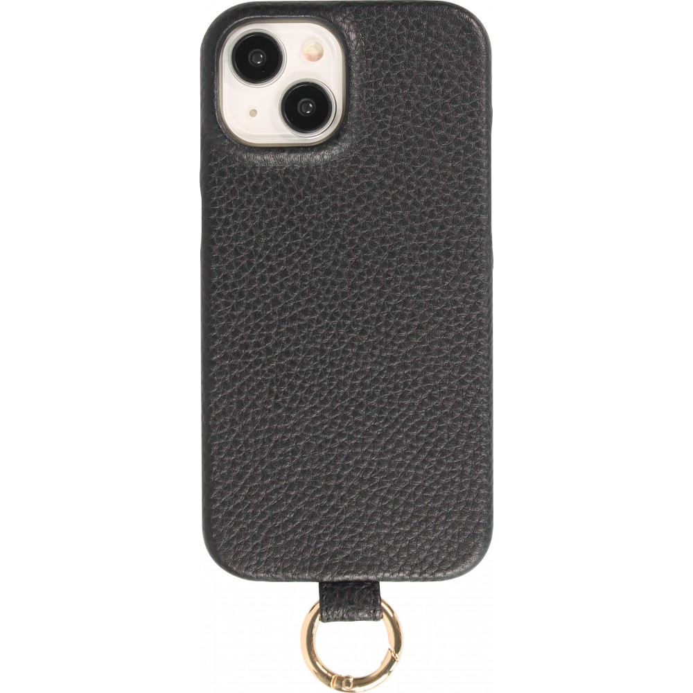 iPhone 14 Case H&uuml;lle - Premium Luxus Echtleder mit verstell- und abnehmbarem Lederriemen + MagSafe - Schwarz
